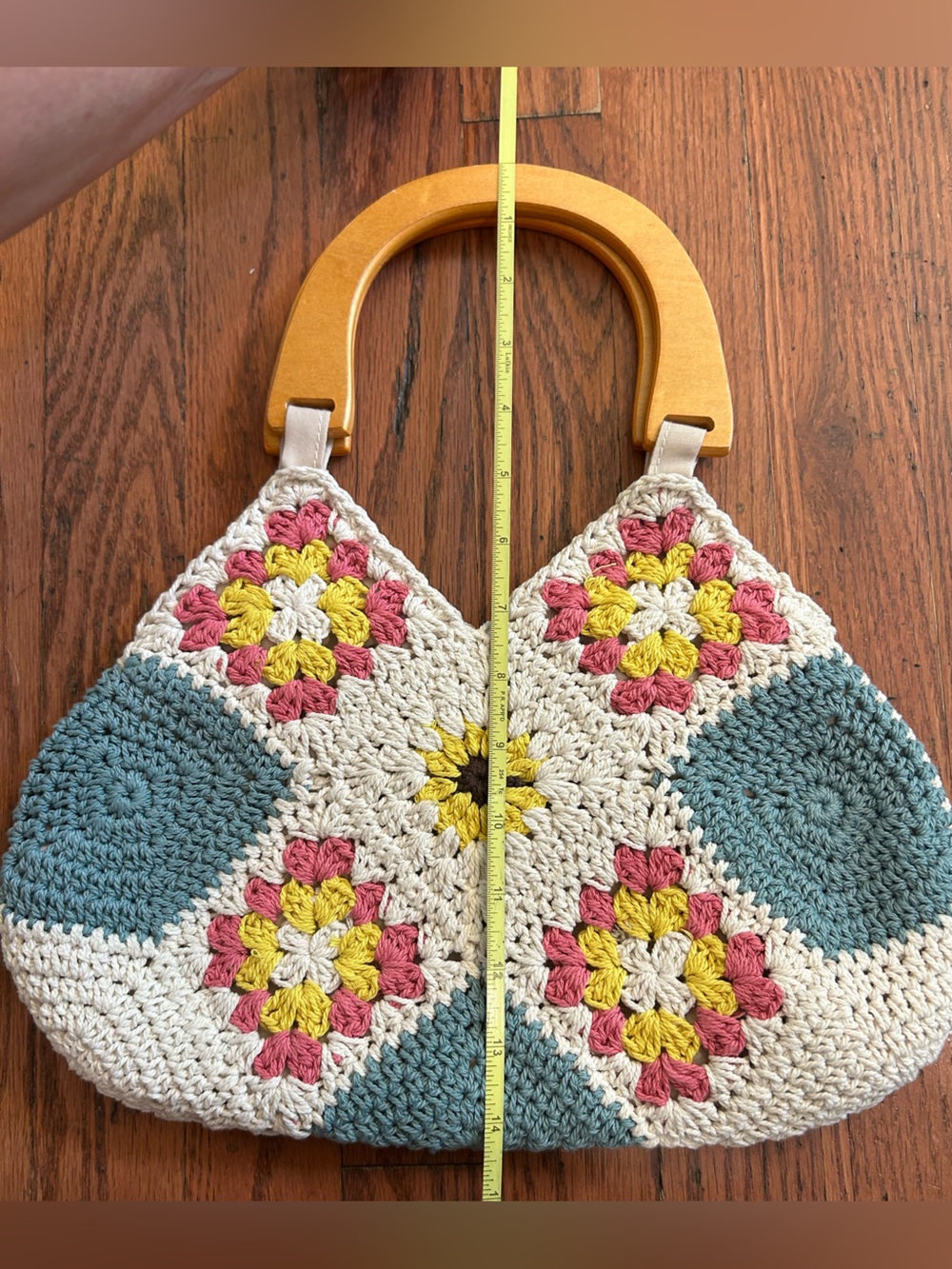 Crochet Granny Square Floral Handbag Wood Handle Lined Boho Purse Cottagecore - Picture 5 of 9